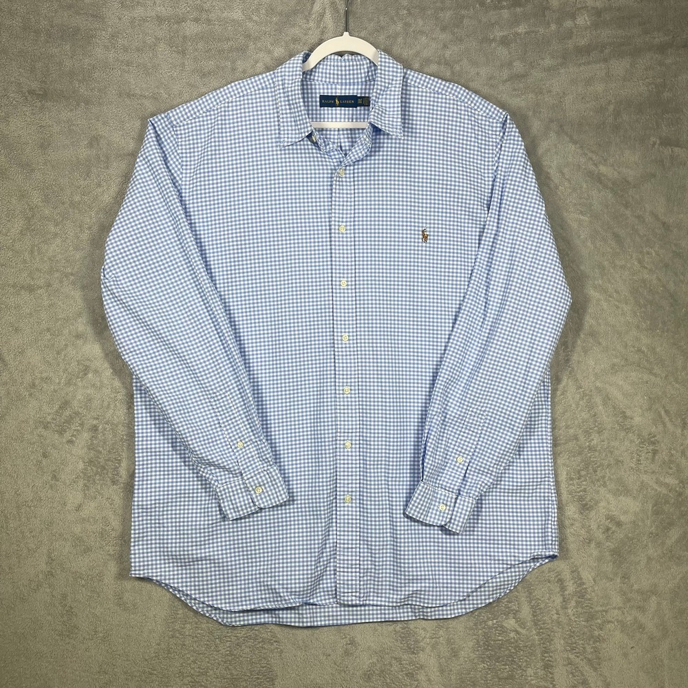 Ralph Lauren Button Down Shirt Mens 2XLT Blue Gingham Long Sleeve Pony Logo